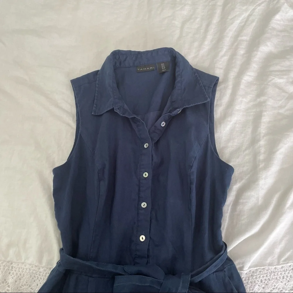 Tahari SZ 2 100% Linen Shirt Dress Navy blue fit flair - Picture 2 of 8
